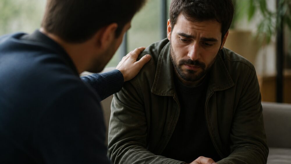 زنی آرام با دست بر سینه به مردی جدی در فاصله ای کوتاه نگاه می کند